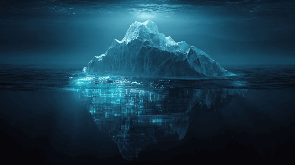 An iceberg floating in a dark ocean with its visible tip glowing under moonlight while the submerged portion reveals hidden digital infrastructure including circuits and glowing code patterns