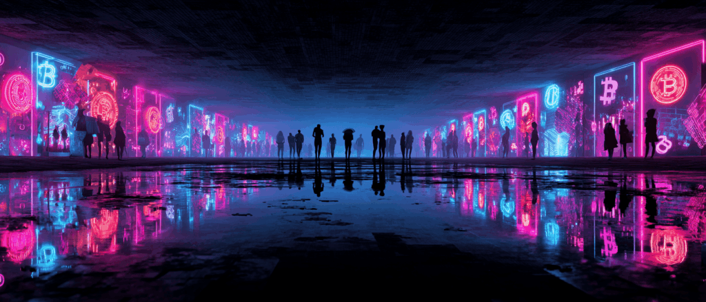 An underground tunnel transformed into a digital marketplace with silhouetted figures examining holographic displays beneath floating cryptocurrency symbols