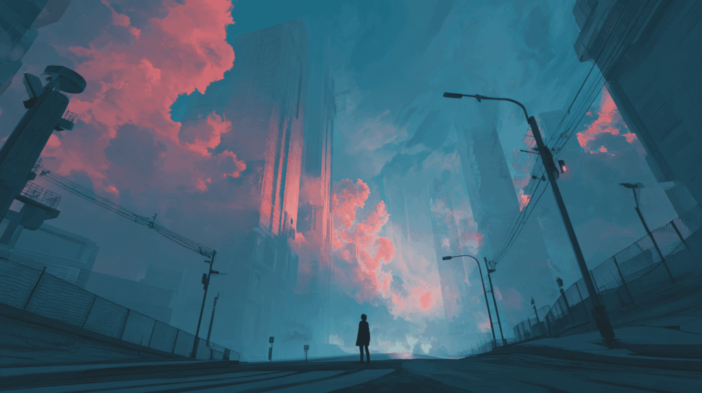 A figure standing at a crossroads between a bright path lined with surveillance structures and a darker corridor protected by privacy shield barriers in a futuristic cityscape