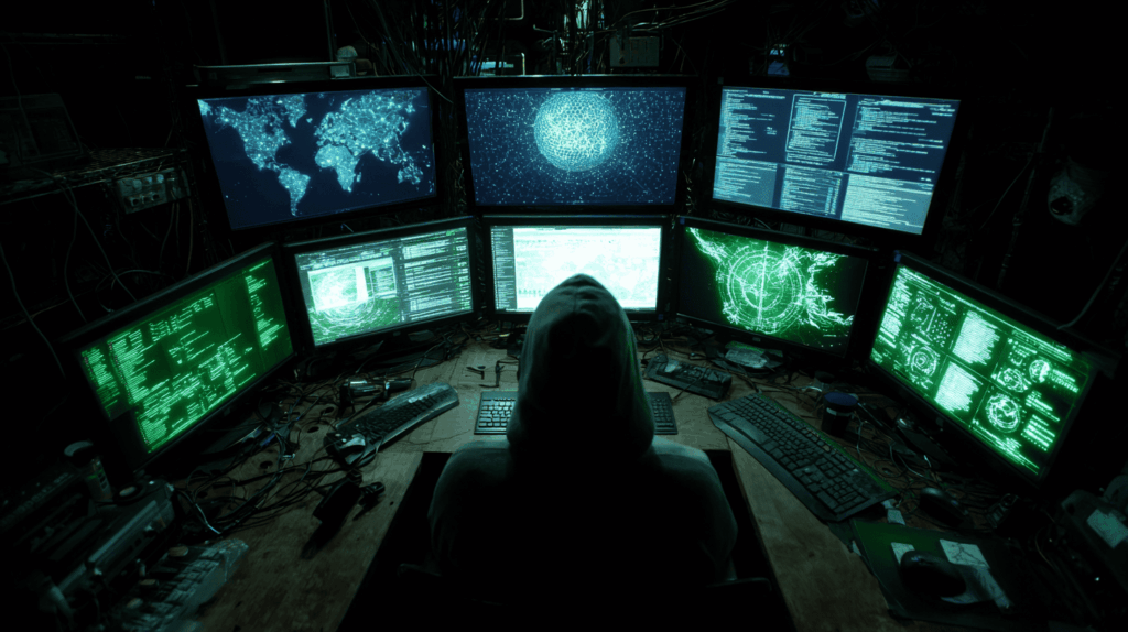 A hooded figure viewed from behind facing multiple monitors displaying code and network diagrams in a dark room filled with computer equipment